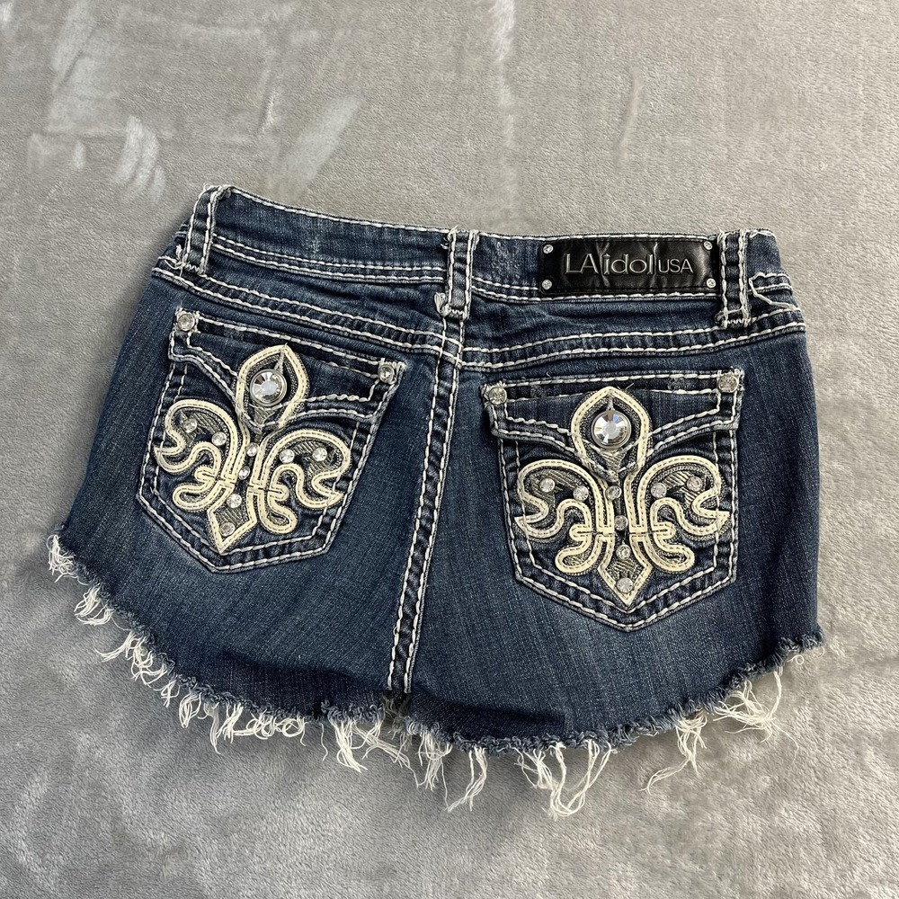 LA Idol USA Shorts Juniors 7 Blue Denim Cutoff Distressed Studded Rhinestone Y2K